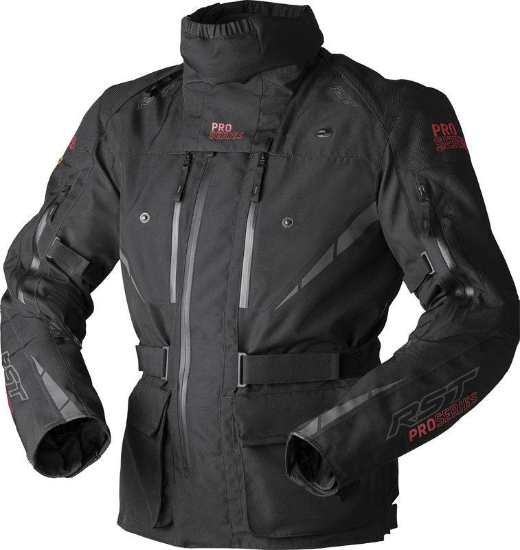 Schwarze RST Pro Series Paragon D3O Textil Motorradjacke für Adventure, mit Schutzpolstern und reflektierenden Details.