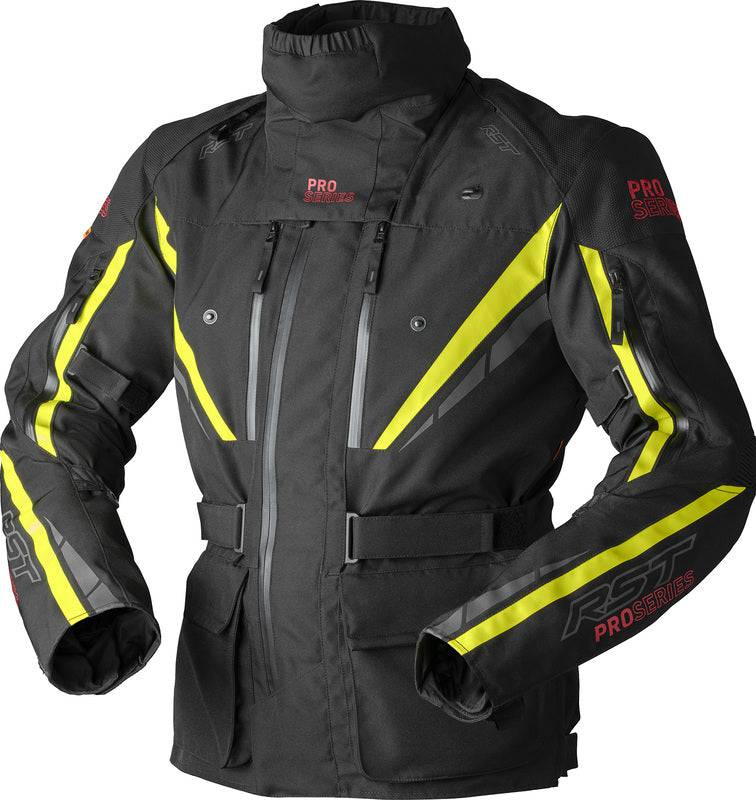 Schwarze RST Pro Series Paragon D3O Adventure Motorradjacke mit Gelb-Details, textile, atmungsaktiv und schützend.