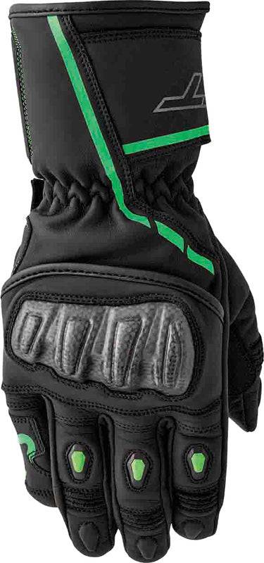 Schwarze RST S1 Motorradhandschuhe mit grünen Flos, strapazierfähiges Leder und schützende Handprotektoren.