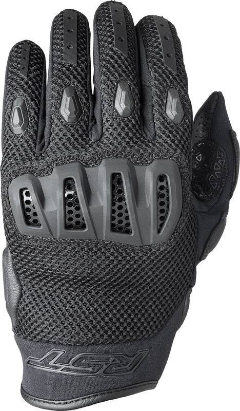Schwarze RST Vortek Motorradhandschuhe aus Leder mit gepolstertem Handrücken und verstärkten Fingerspitzen.