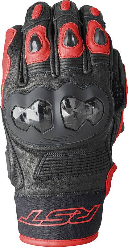 Schwarze und rote RST Freestyle 3 D3O Motorradhandschuhe mit Knöchelprotektoren und atmungsaktivem Material.