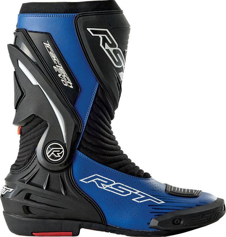 Schwarze und blaue RST TracTech Evo D3O Motorradstiefel für Racing, mit robustem Design und Schutzmaterial an den Knöcheln.