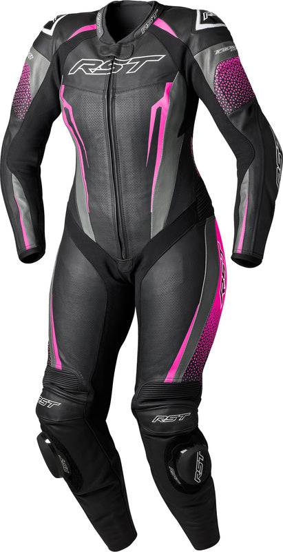 Schwarze und rosa Damen-RST Tractech Evo D3O Lederkombi, einteilig, zeigt die robuste Motorrad-Lederkombi mit Protektoren.