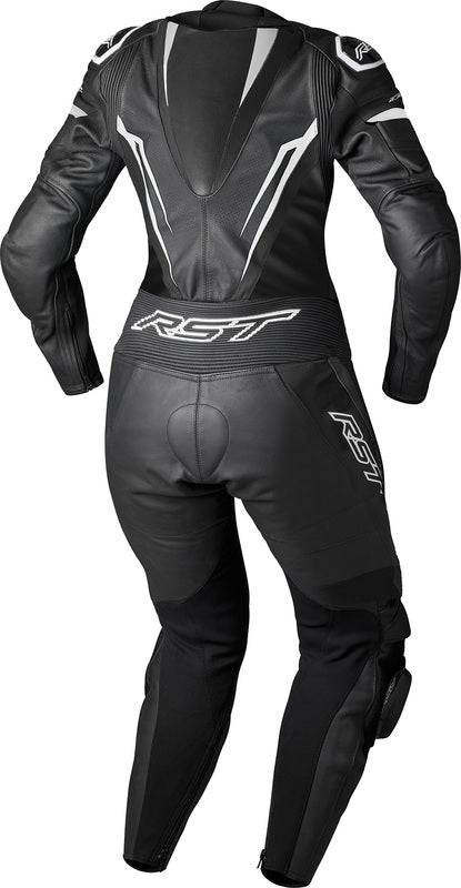 Schwarze und weiße Damen-Motorrad-Lederkombi von RST Tractech Evo D3O, einteilig, mit Protektoren und sportlichem Design
