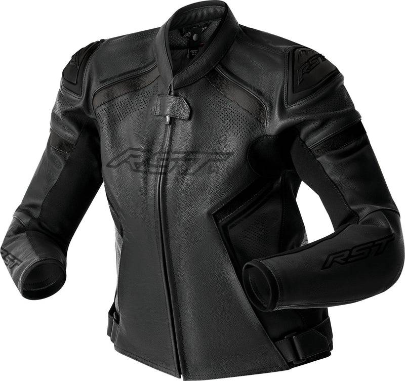 Schwarze RST S1 D3O Damen Motorradjacke aus Leder, touring Jacke mit Schutzpolstern, auf einem Model getragen.