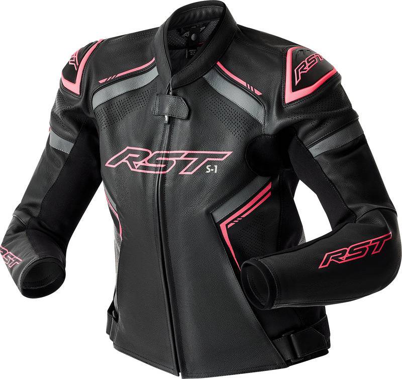 Schwarze Damen Motorradjacke RST S1 D3O Leder mit rosa Akzenten, touring Jacke für Damen, Schutz und Komfort, Frontansicht