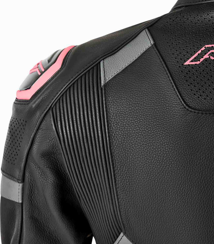 Schwarze Damen Motorradjacke RST S1 D3O Leder mit rosa Akzenten, touring Jacke, robuste Schutzkleidung für Motorradfahrer