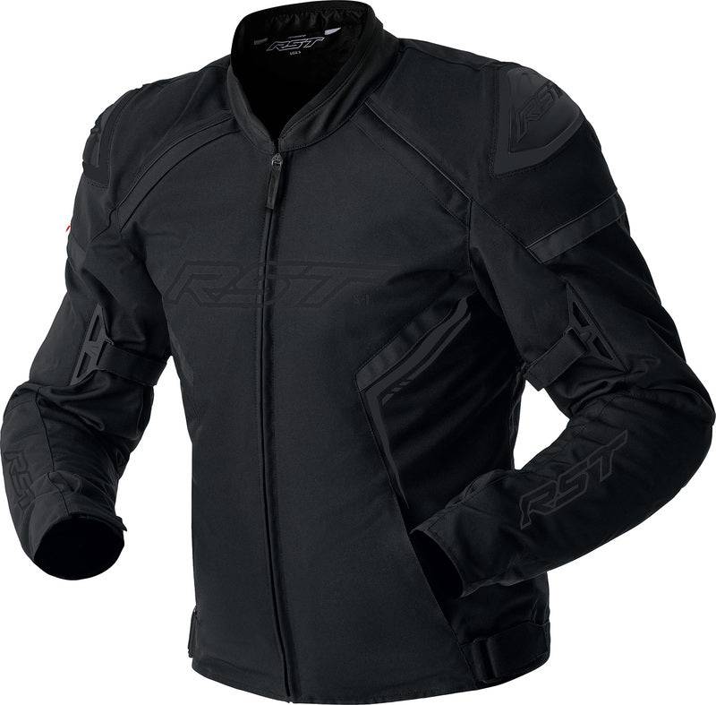 Schwarze RST S1 D3O Textil Motorradjacke für Damen, touring, mit Schutzprotektoren, auf einem weißen Hintergrund.