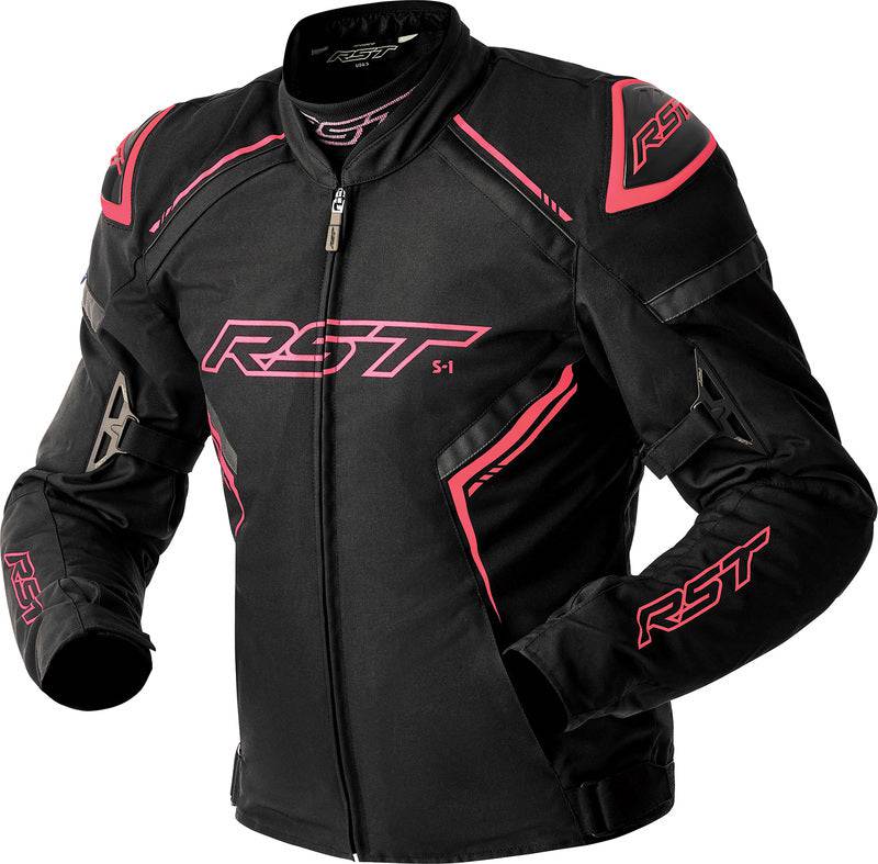 Schwarze RST S1 D3O Textil Damen Motorradjacke für Touren, mit Schutzpolstern, auf einem modelhaften Darstellung.