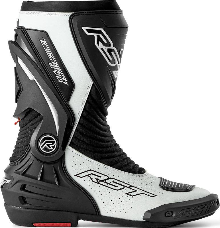 Schwarze und weiße RST TracTech Evo D3O Damen Motorrad-Racingstiefel mit Schutzpolster, sportliches Design, robuste Verarbeitung