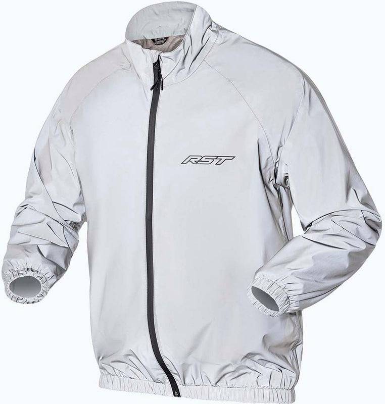 Reflektierende, wasserdichte RST Night Rider Motorradjacke in Silber, ideal für Regenwetter und Sichtbarkeit auf der Straße.