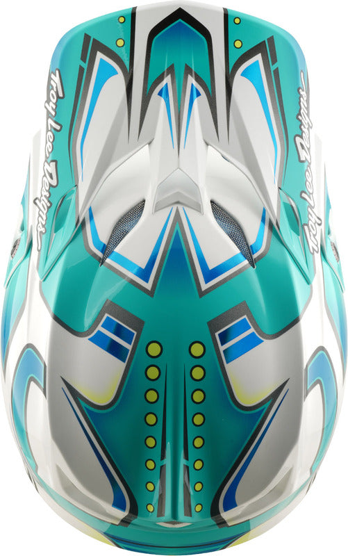 Motocrosshelm Troy Lee Designs Se5 Composite Mips Crest Real Petrol mit hellem Design und verbesserten Schutz, sichtbar auf dem Bild