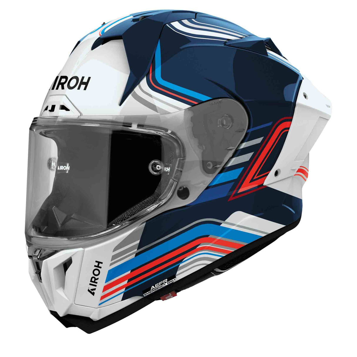 Airoh GP 800 Hurricane Integralhelm in Weiß, Schwarz, Blau und Rot mit aerodynamischem Design und Belüftungssystem.