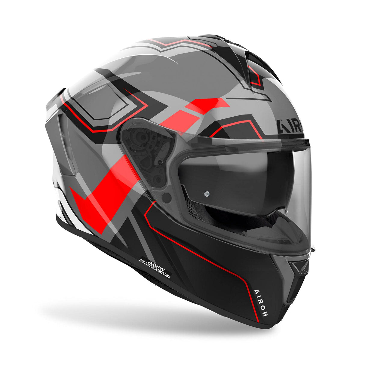Grauer und schwarzer Airoh Integralhelm Spark 2 Dart mit roten Akzenten, Sichtfeld und Belüftungsöffnungen.