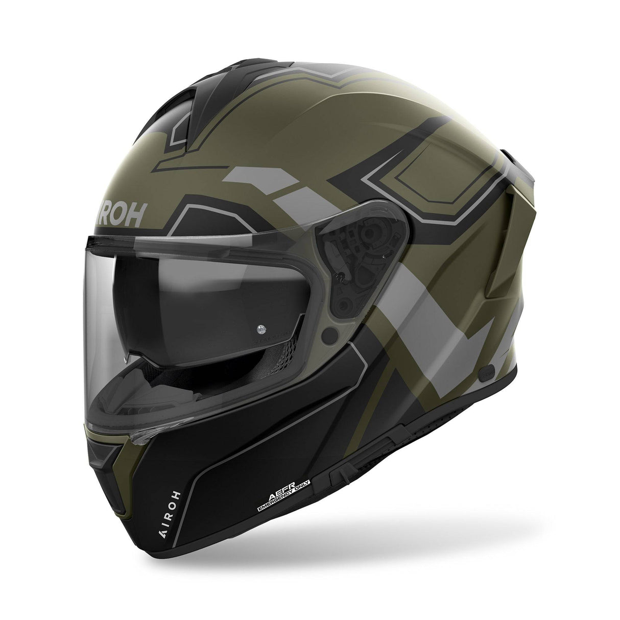 Airoh Integralhelm Spark 2 Dart in Militärgrün mit Schwarz-Grau-Design, Sichtfenster und Belüftungsöffnungen, auf einem Sitz.