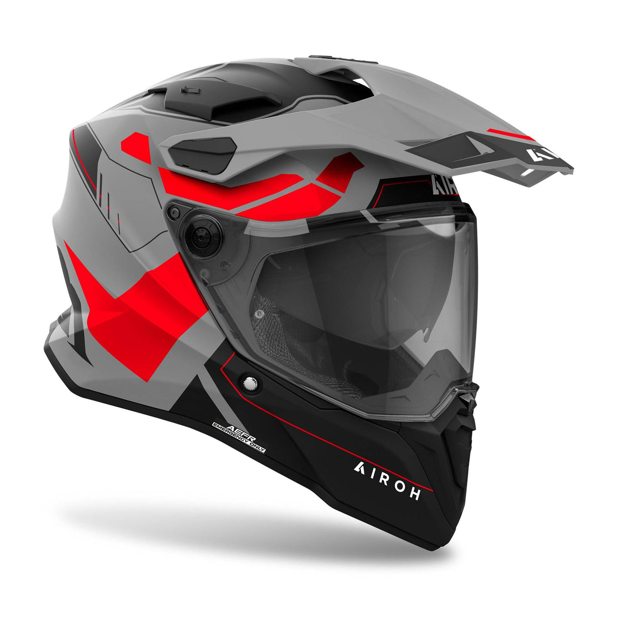 Endurohelm Airoh Commander 2 Reveal in mattem Grau, Schwarz und Rot mit Belüftung und klarem Visier, sicherer Schutz beim Offroad.