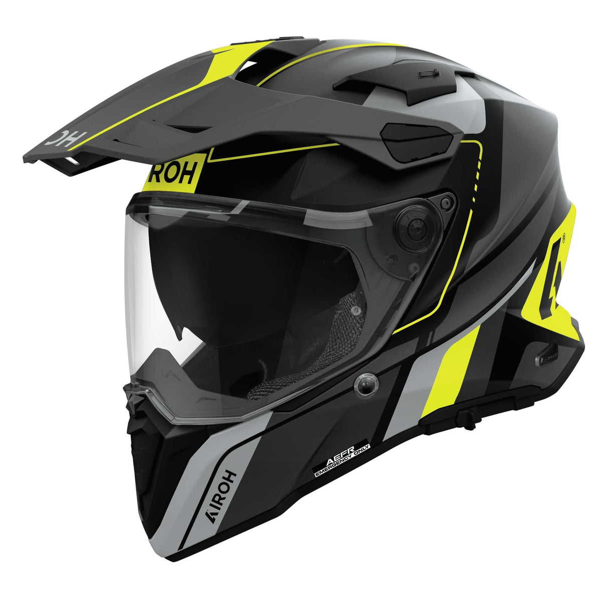 Airoh Commander 2 Endurohelm in mattschwarz, grau und fluoreszierendes Gelb mit Visier und Belüftungsöffnungen.