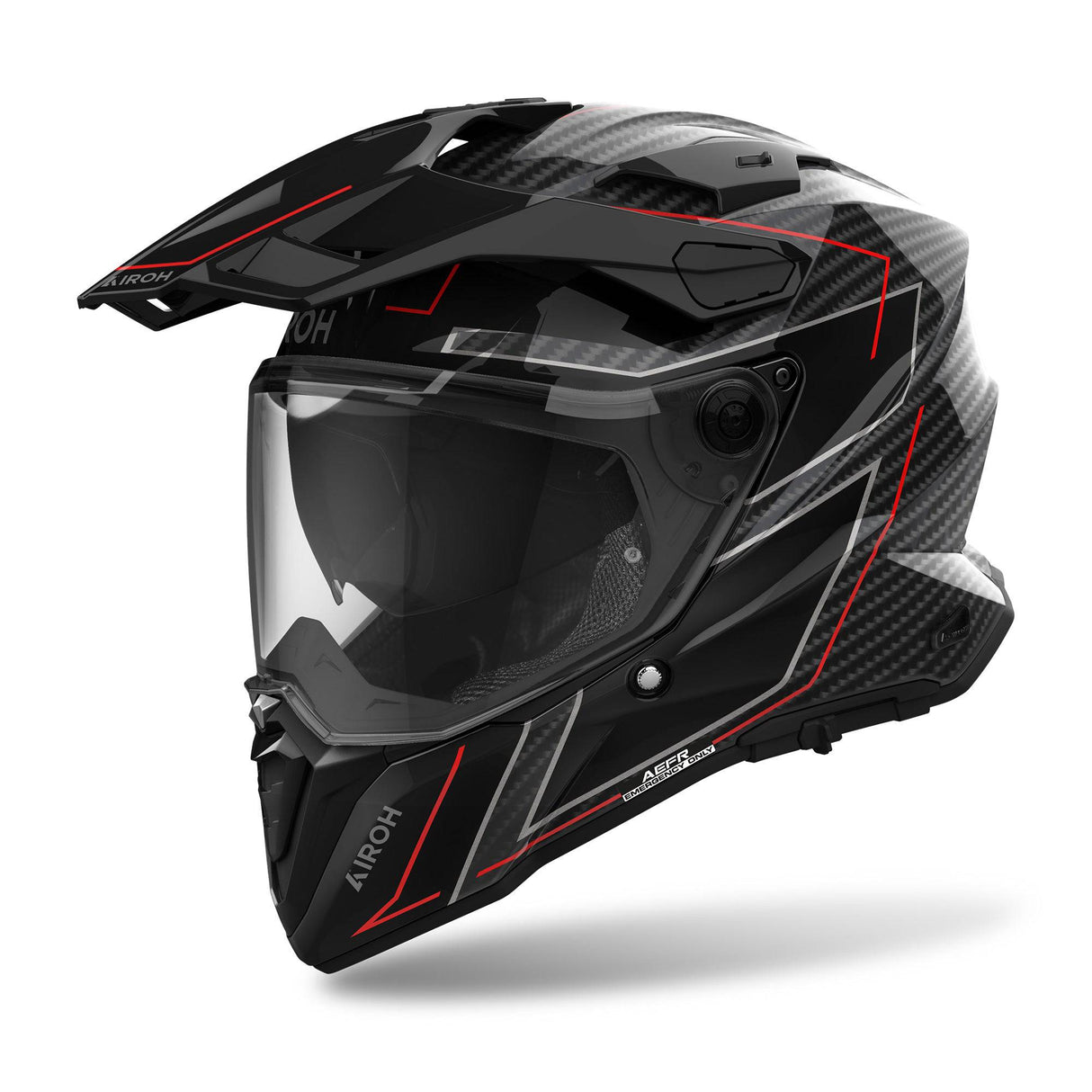 Schwarzer und roter Airoh Commander 2 Carbon Endurohelm mit stylischem Design und robustem Carbonaufbau.