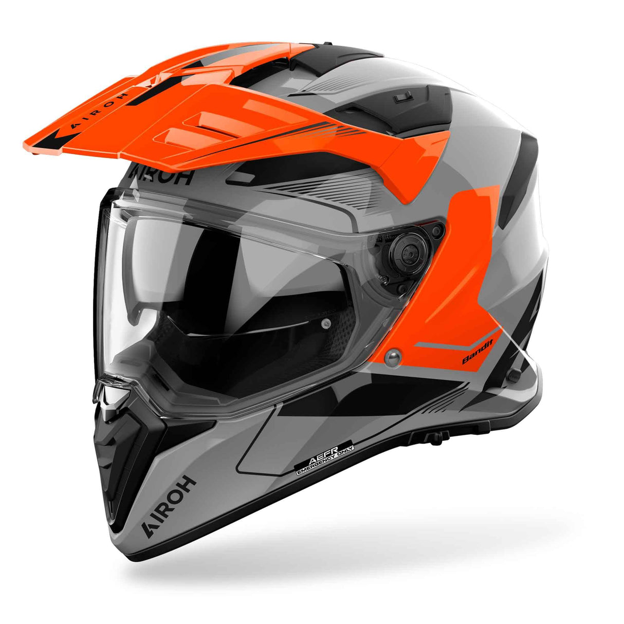 Grauer und schwarzer Airoh Endurohelm Bandit Tune mit orangefarbenen Akzenten, Sichtfeld und Belüftungsöffnungen.