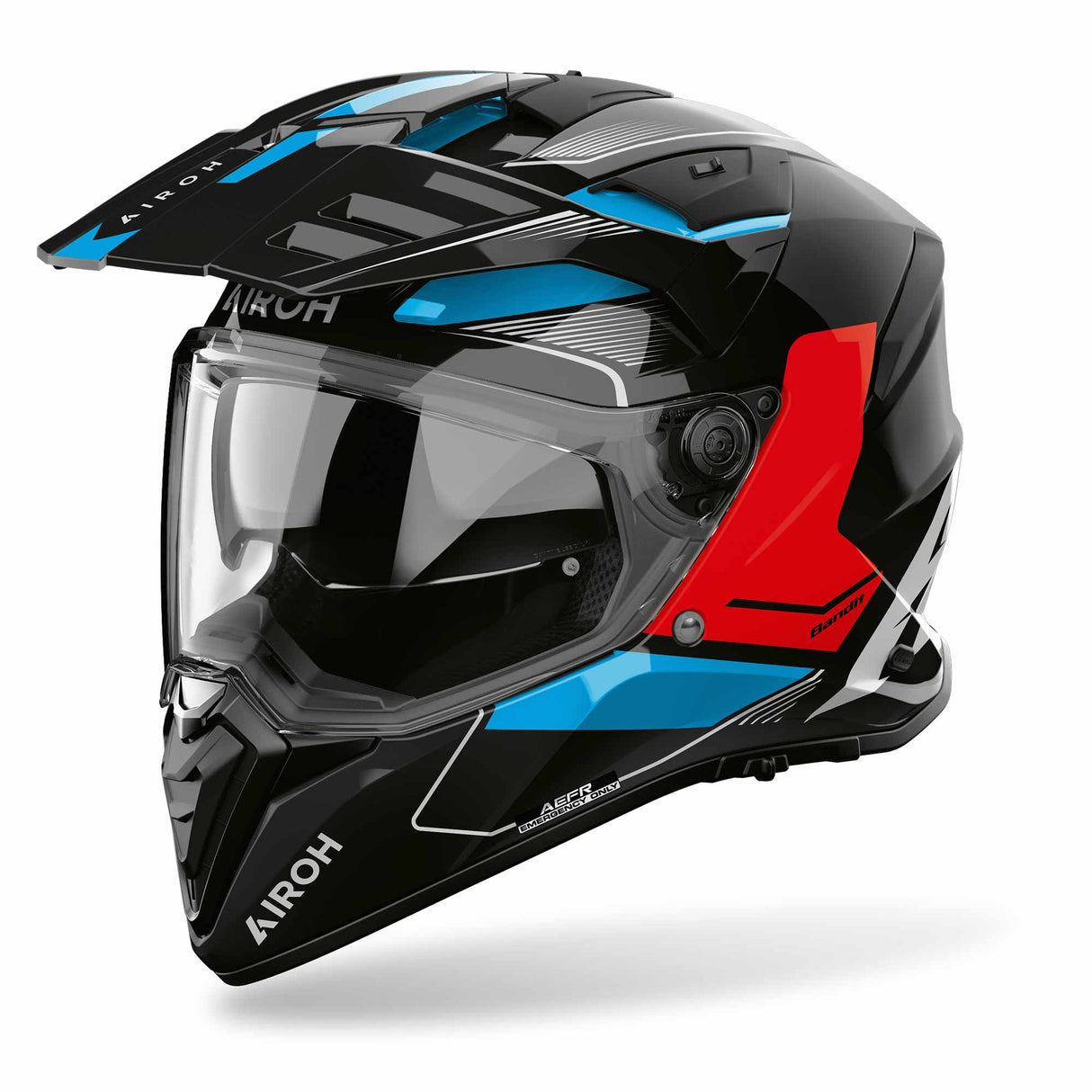 Schwarzer und blauer roter Airoh Endurohelm Bandit Tune mit Visier und Belüftungsöffnungen, sicherer Schutz für Offroad-Fahrten