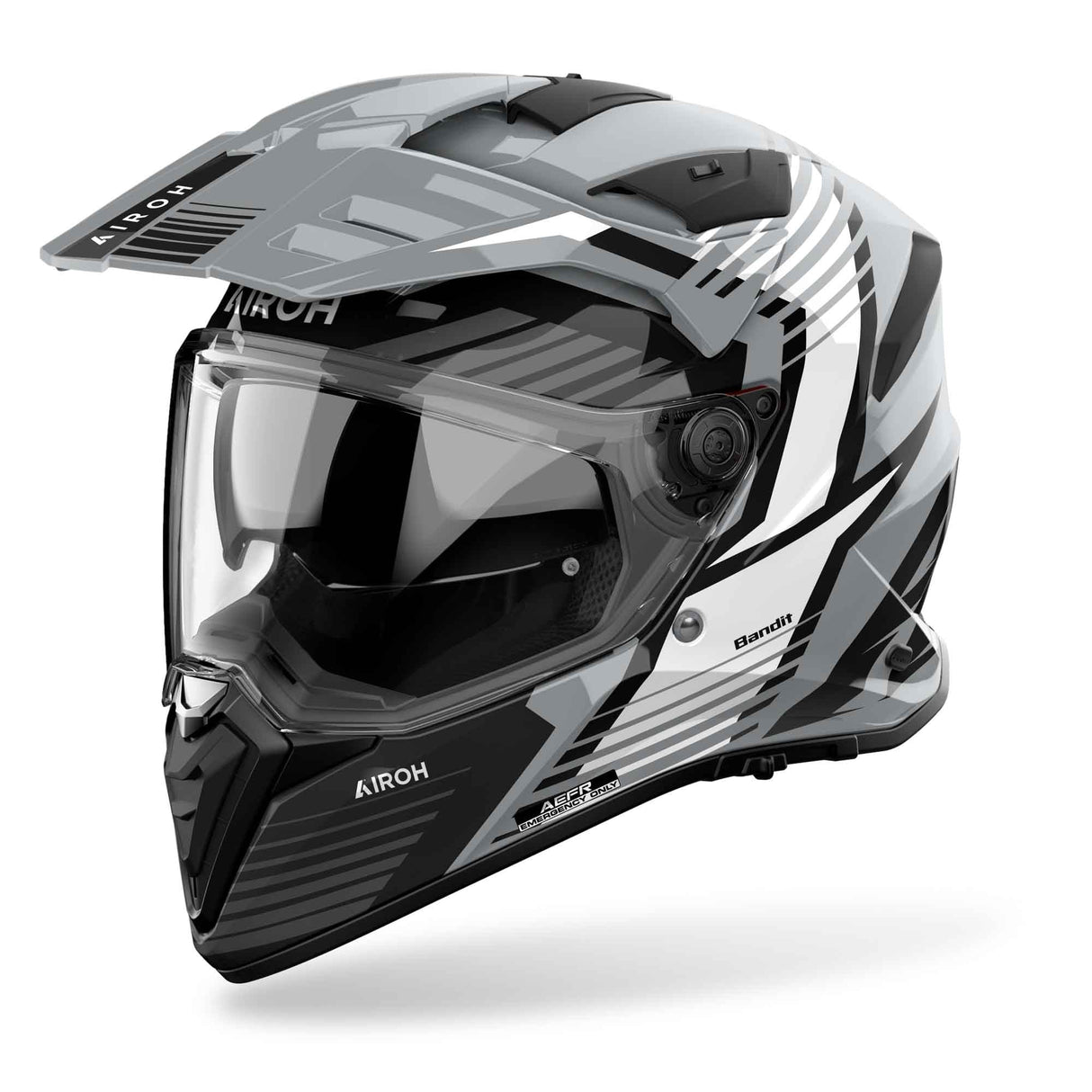 Endurohelm Airoh Bandit Spicy in Grau, Schwarz-Weiß, mit robustem Design und Belüftung für offroad Abenteuer.