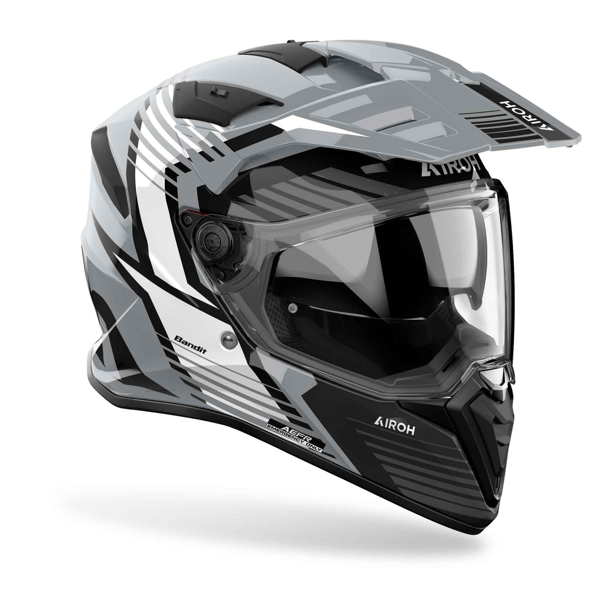 Airoh Endurohelm Bandit Spicy in Grau, Schwarz-Weiß, mit Visier und Belüftungsöffnungen, auf einem weißen Hintergrund.