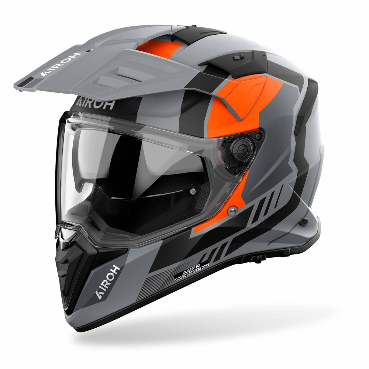 Airoh Bandit Horn Endurohelm in mattem Grau, Schwarz und Orange mit sichtbarem Visier und Belüftungsöffnungen.