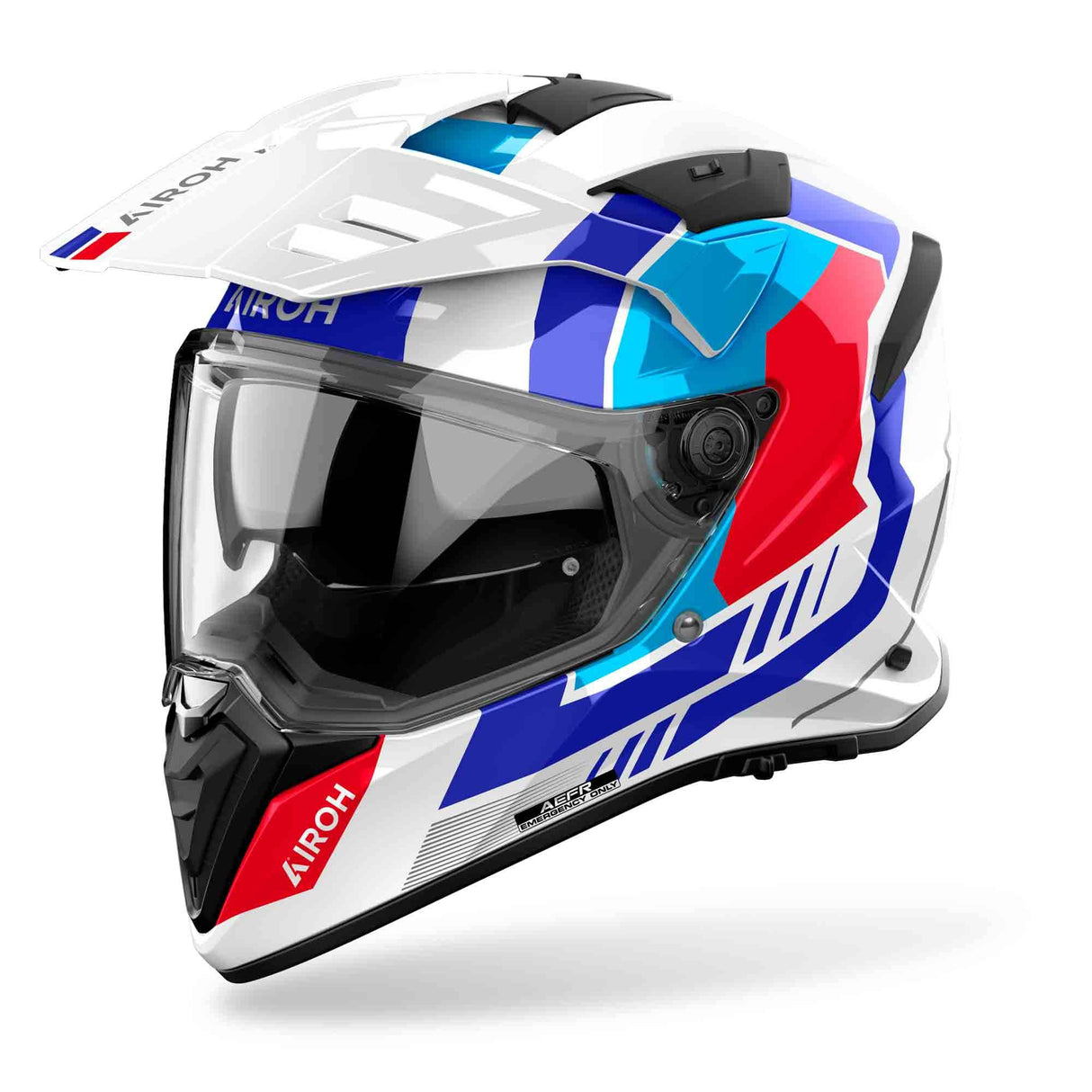 Airoh Bandit Horn Endurohelm in Weiß, Blau und Rot mit Visier und belüftetem Design, ideal für Offroad-Fahrten.
