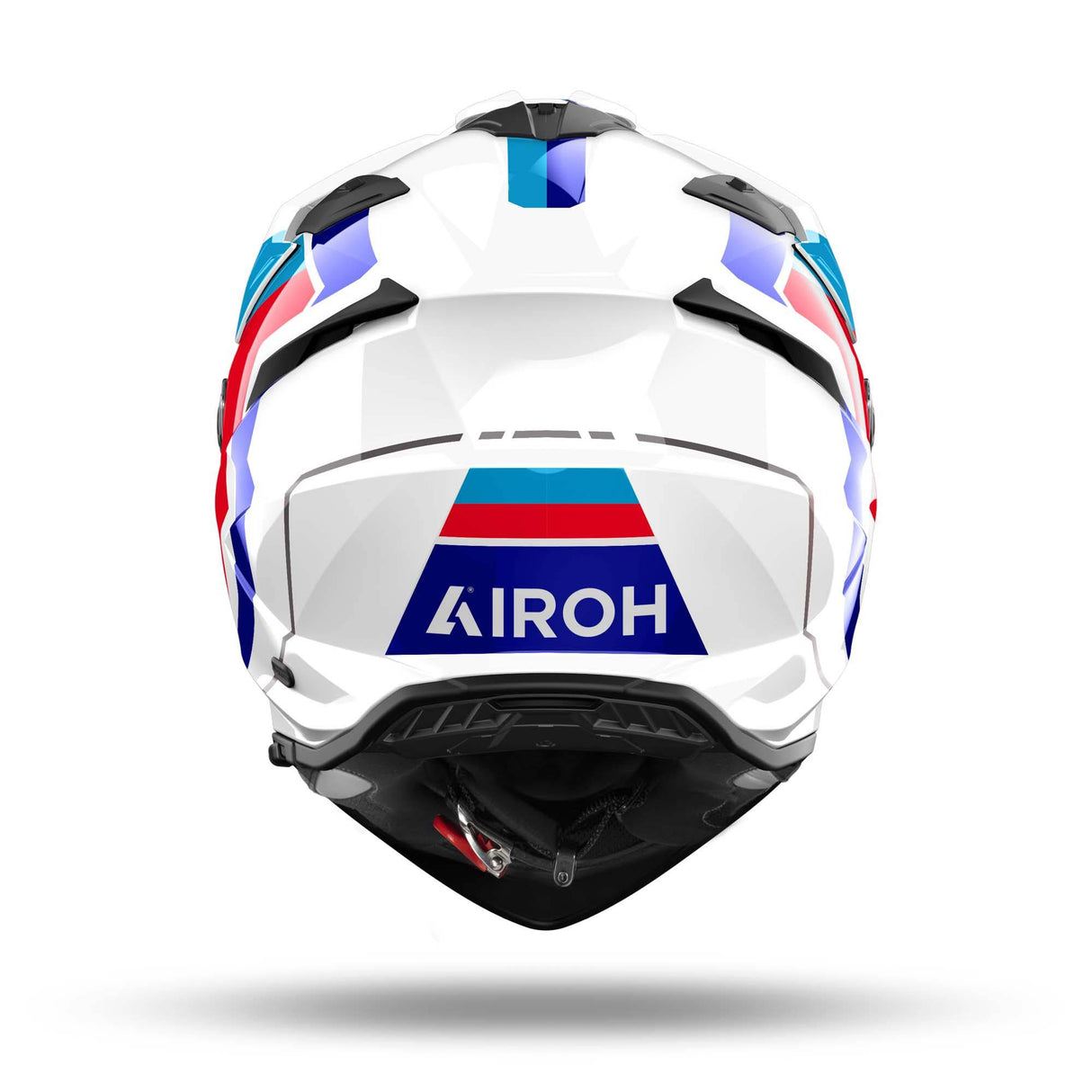Airoh Bandit Horn Endurohelm in Weiß, Blau und Rot mit auffälligem Design und Belüftungsöffnungen, für Offroad-Fahrten geeignet