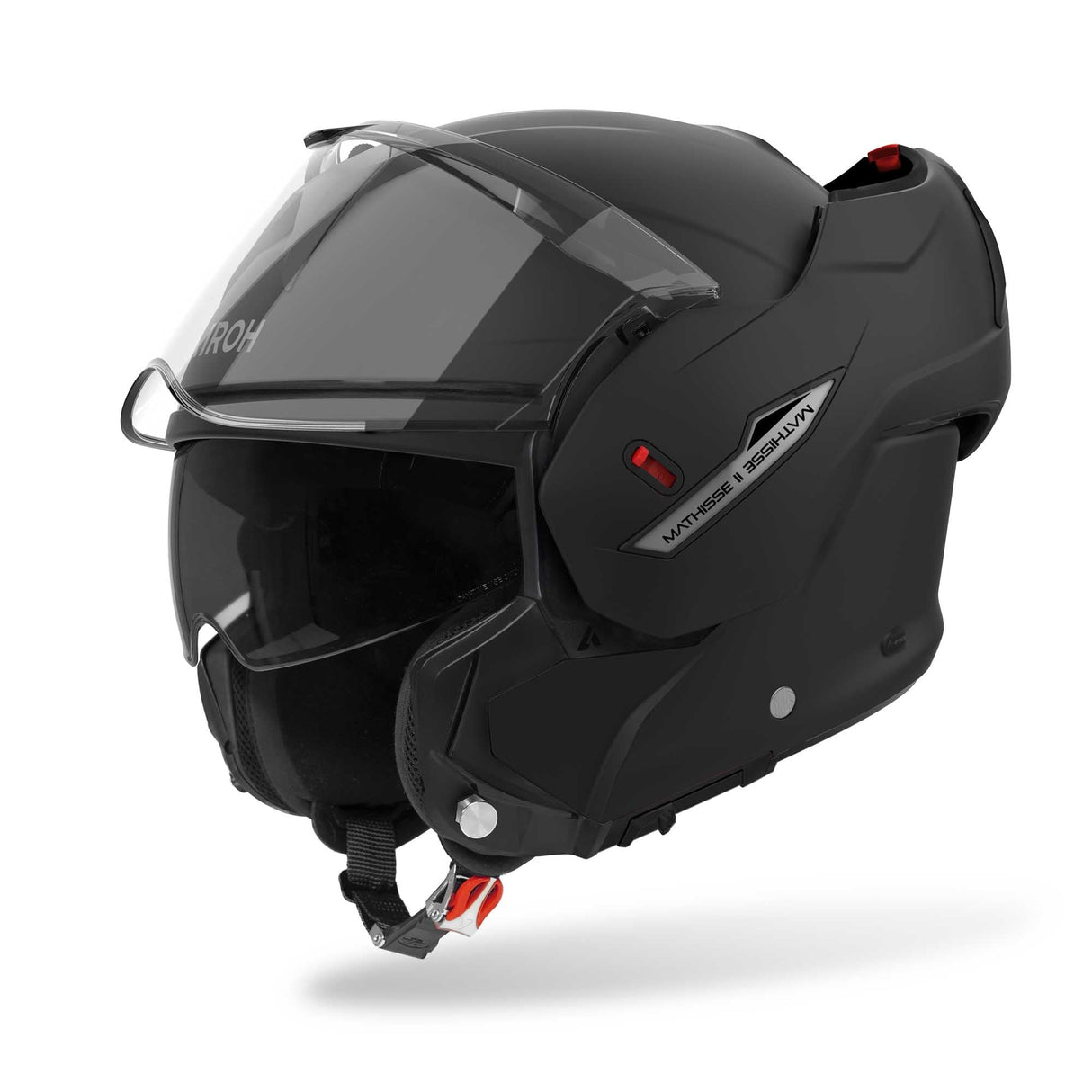 Schwarzer Airoh Mathisse II Klapphelm mit mattem Finish, Sichtfeld und Belüftungsöffnungen, auf einem weißen Hintergrund.