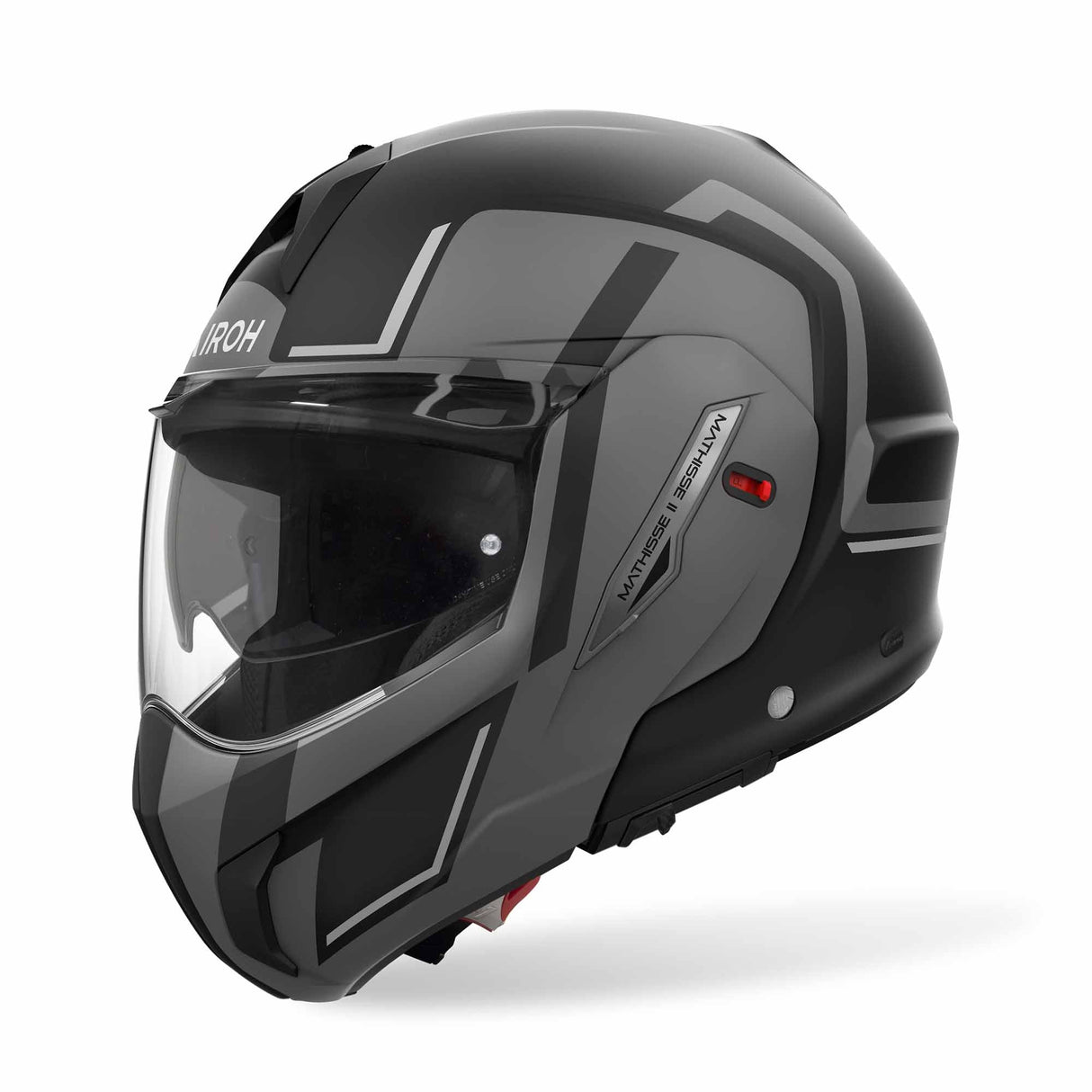 Schwarzer und grauer Airoh Mathisse II Genius Klapphelm mit mattem Finish, sichtbarer Visiermechanismus und komfortable Passform