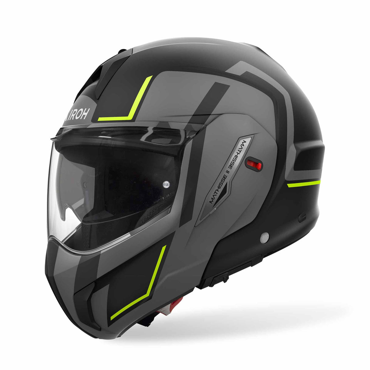 Airoh Mathisse II Genius Klapphelm in matt-schwarz, grau-fluo-gelb mit sichtbarer Visiermechanik und Belüftungsöffnungen