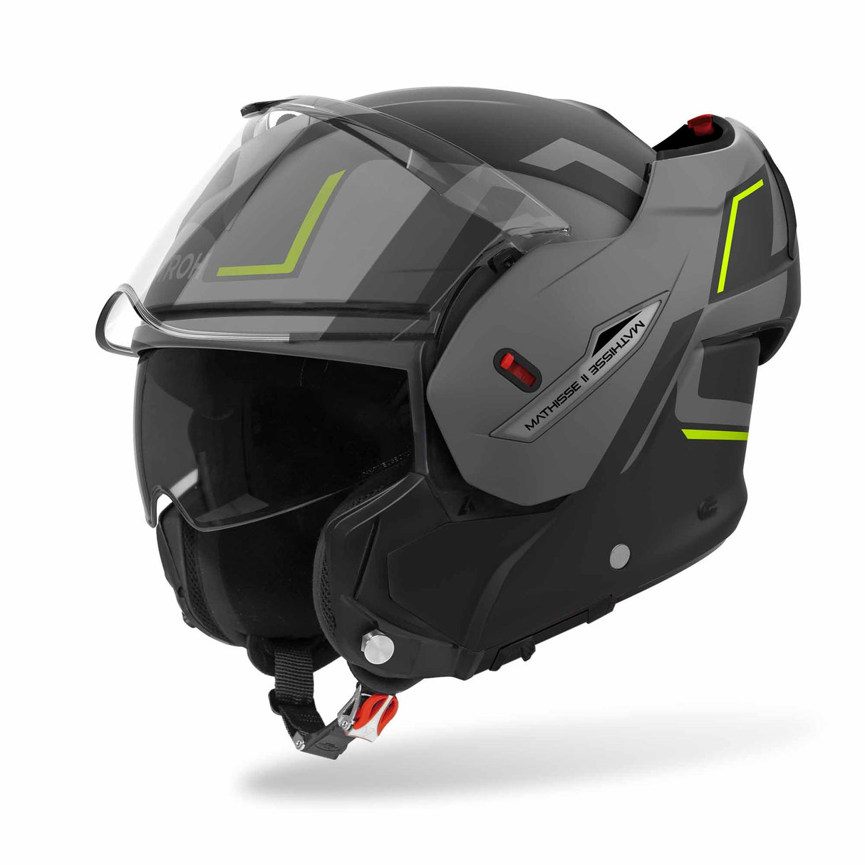 Airoh Mathisse II Genius Klapphelm in mattschwarz, grau, fluo-gelb mit sichtbarem Klappmechanismus auf helmoberfläche.