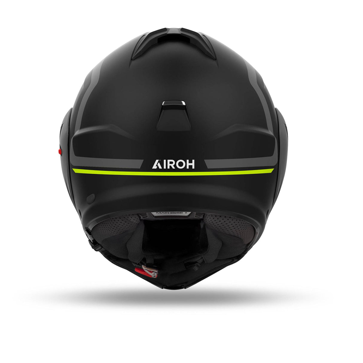 Airoh Mathisse II Genius Klapphelm in mattschwarz, grau und neon gelb, mit sichtbarer Visiermechanik und Belüftungsöffnungen