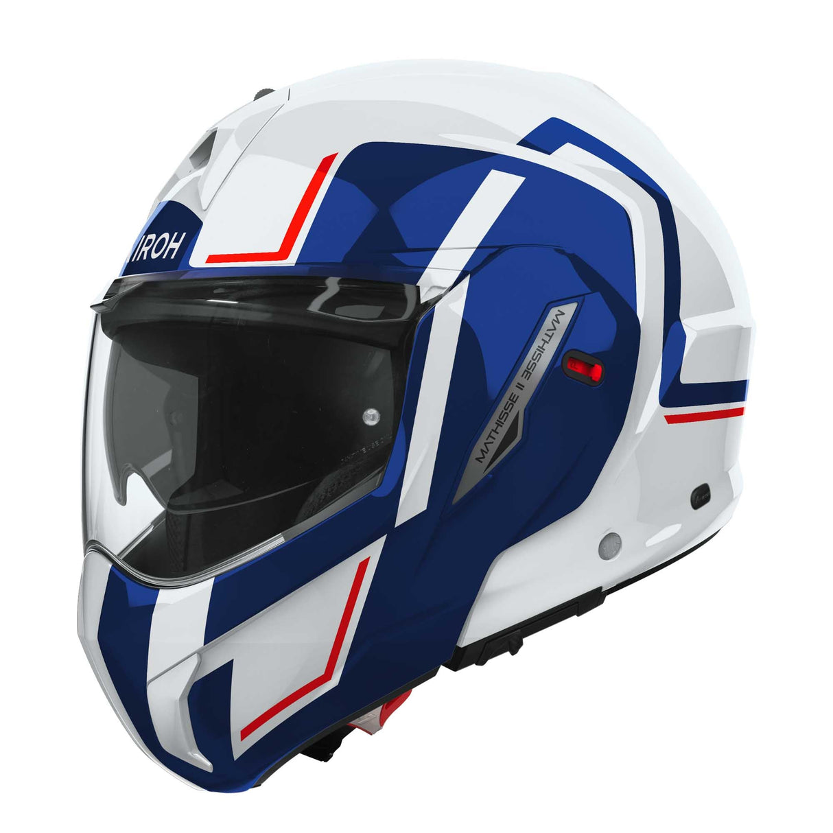 Airoh Mathisse II Genius Klapphelm in Weiß, Blau und Rot mit Visier, bequem auf einem Motorrad getragen.