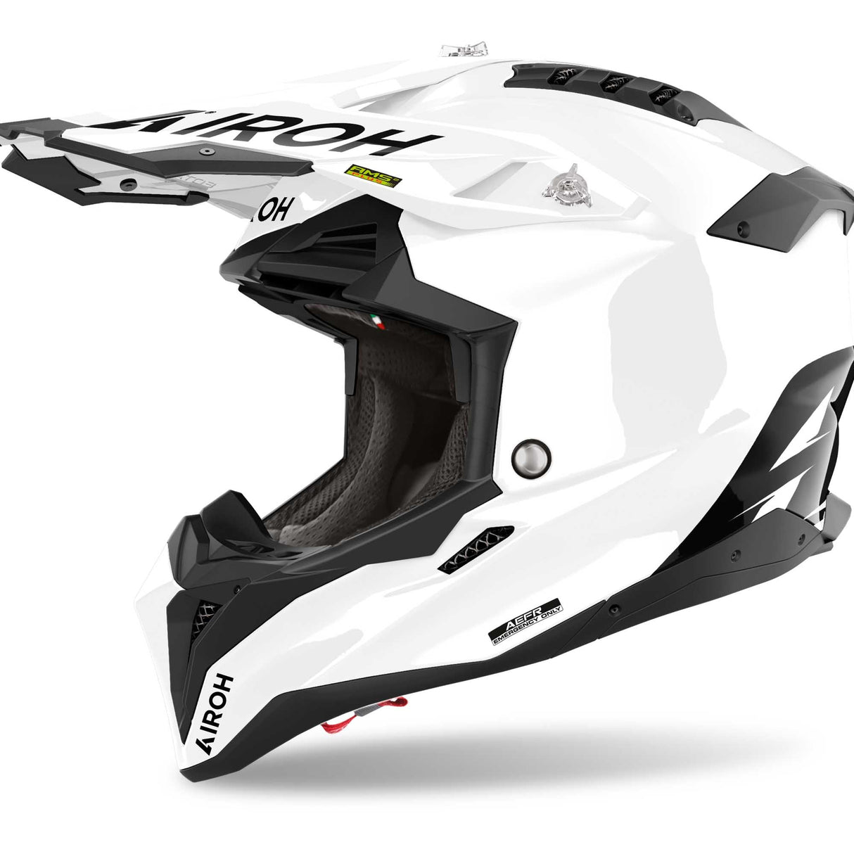 Airoh Aviator 3 FIM Motocrosshelm in Weiß, langlebiges Motorradhelm-Design mit Visier und Belüftungsöffnungen.
