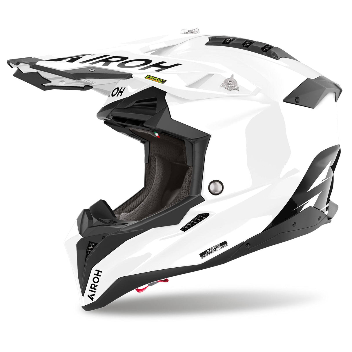 Weißer Airoh Aviator 3 Motocrosshelm mit Visier und Belüftungsöffnungen, leichter Schutzhelm für Offroad-Fahrten.