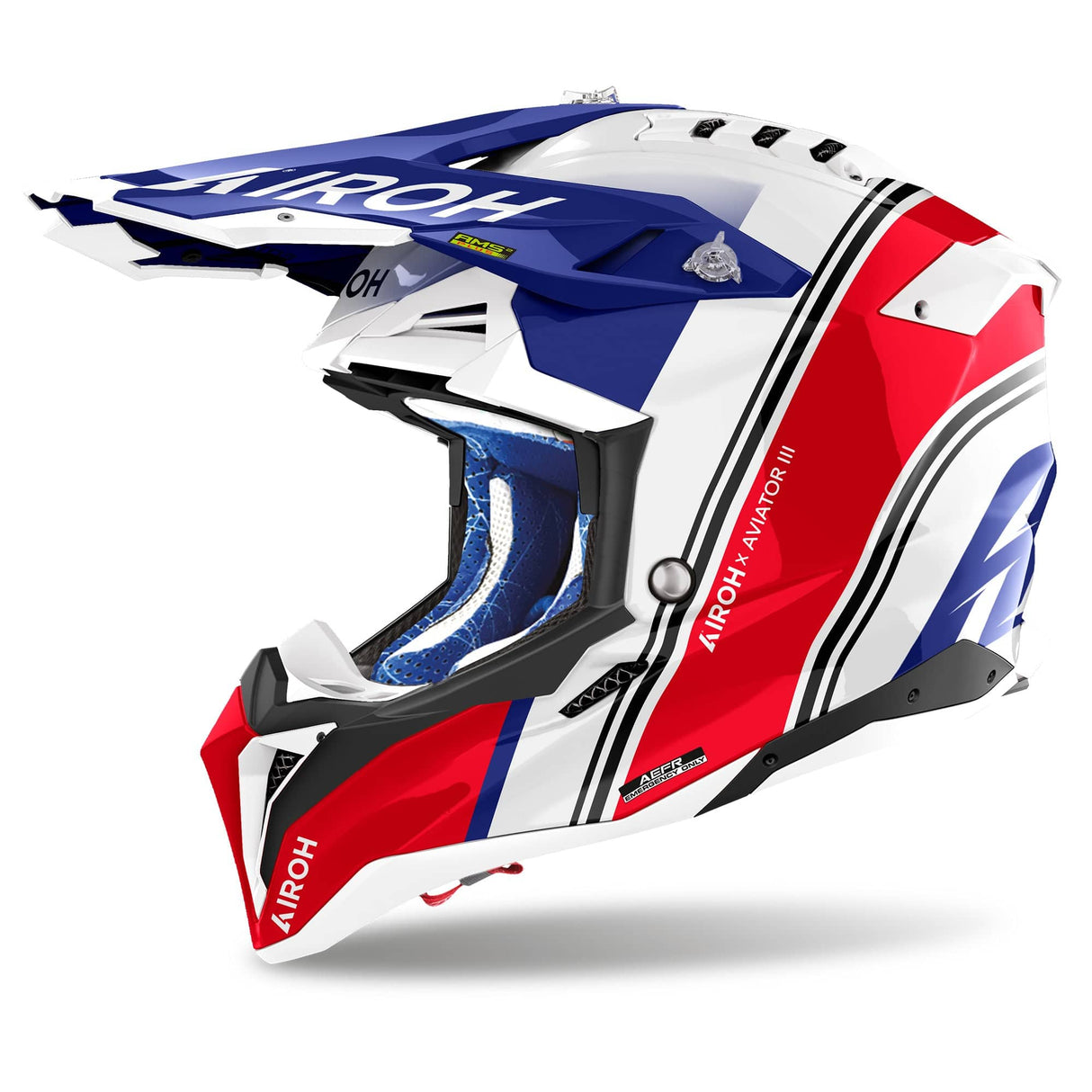 Airoh Aviator 3 Hima Motocrosshelm in Weiß, Blau und Rot mit Visier und Belüftungsöffnungen, ideal für Offroad-Fahrer.