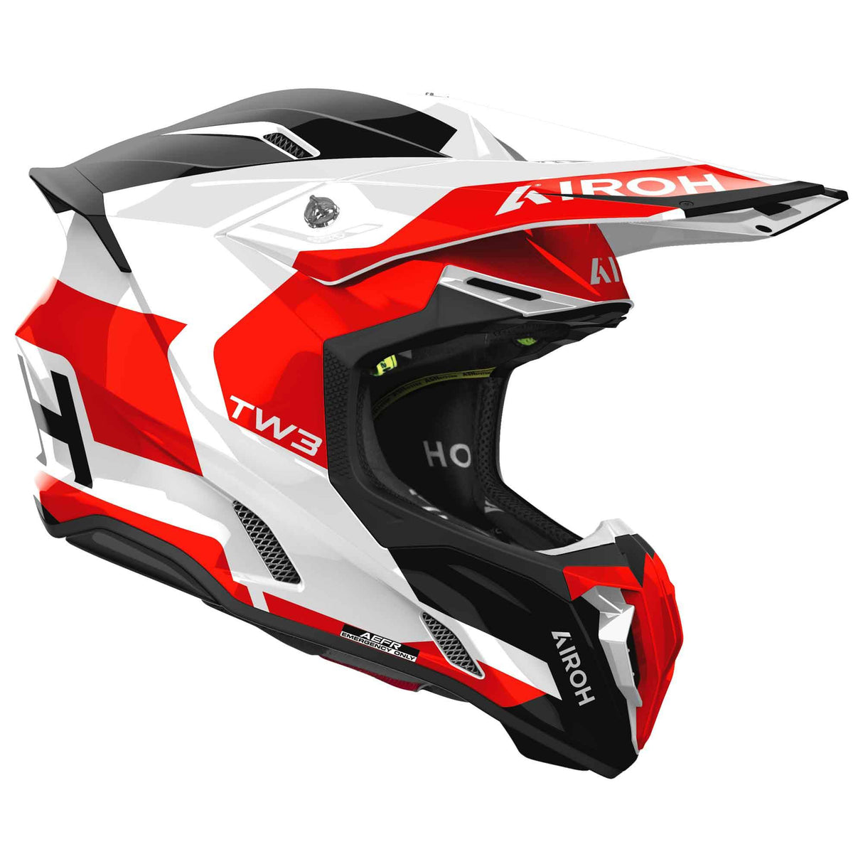 Motocrosshelm Airoh Twist 3 Fancy in Weiß, Schwarz und Rot mit stylischem Design und Schutzfunktion.