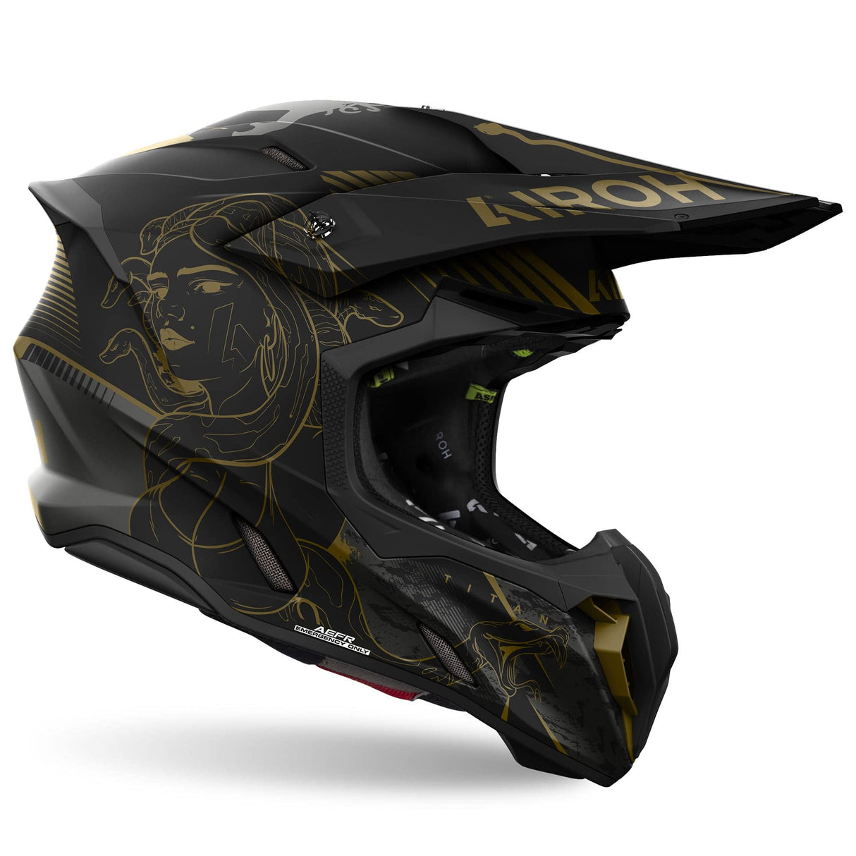 Airoh Twist 3 Motocrosshelm in mattschwarz und Bronze mit stylischem Design und Belüftungssystem, Blick auf die Helminnenseite