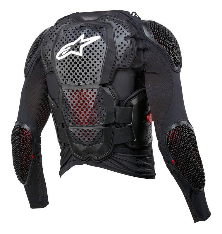 Alpinestars Bionic Tech v3 Schutzjacke mit schwarzen, weißen und roten Nachrüstprotektoren, sichtbare Schutzpolster und Mesh-Einsätze.