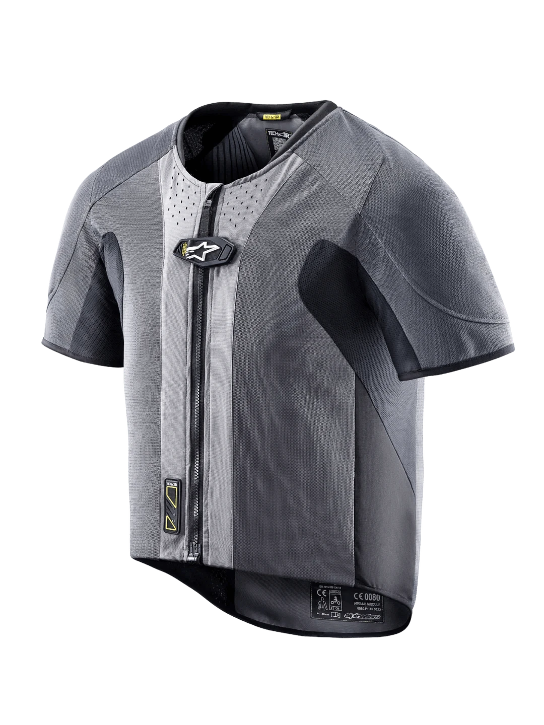 Alpinestars Tech Air 5 Airbag-System in Airbagbekleidung, mit sichtbaren Sensoren und Bedienelementen, für Motorradsicherheit.