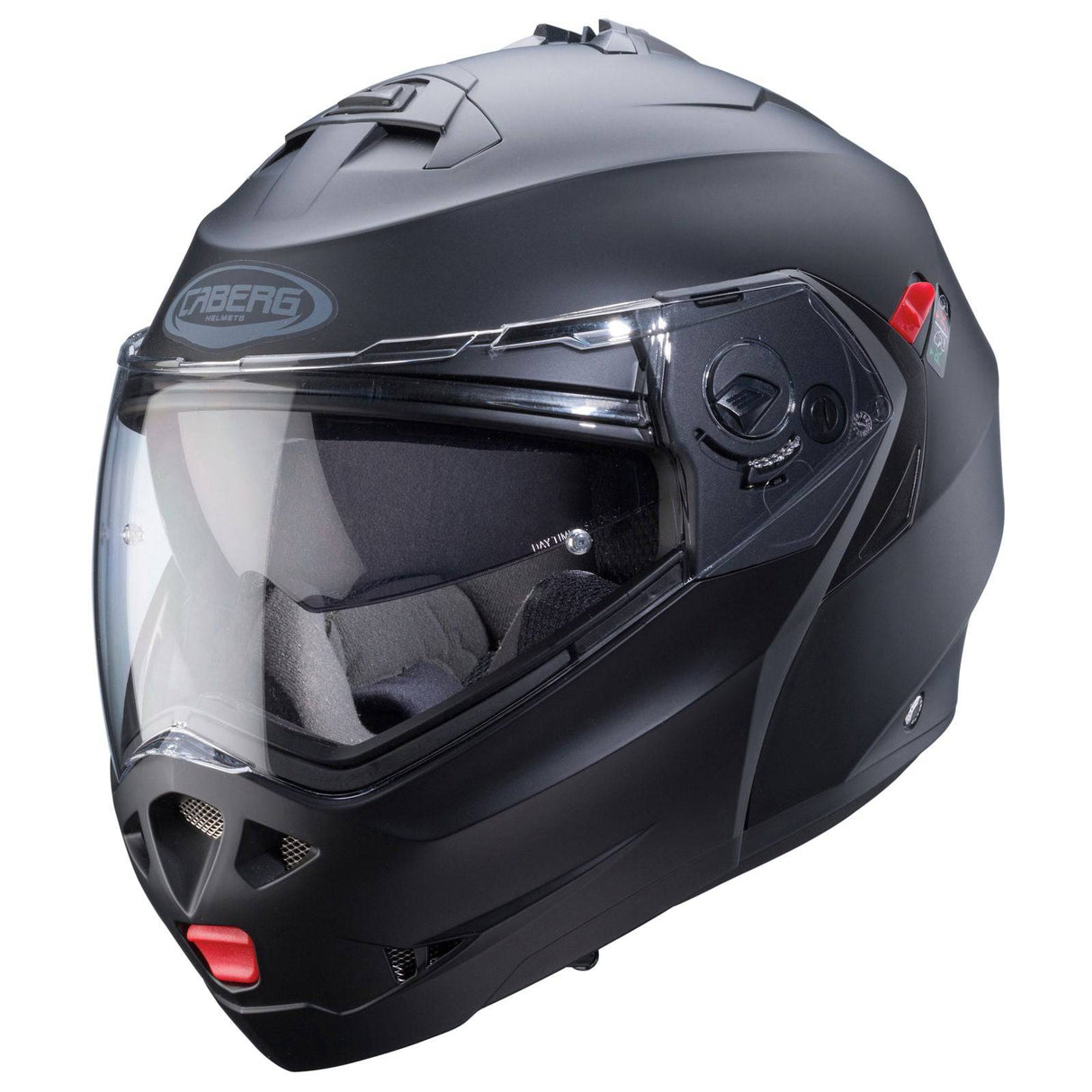 Mattschwarzer Caberg Duke X Klapphelm mit offenem Visier und komfortabler Passform, perfekt für Motorradfahrer.
