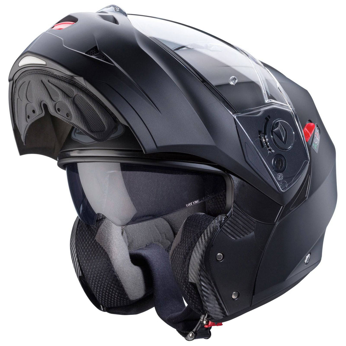 Mattschwarzer Klapphelm von Caberg Duke X mit schnellem Verschluss und komfortablem Design, auf einem neutralen Hintergrund.