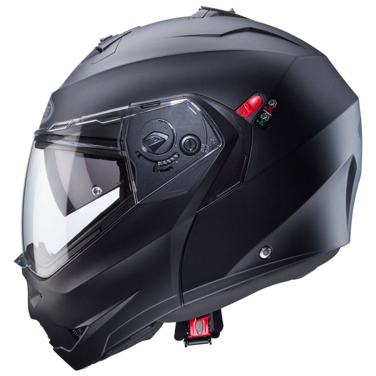 Schwarzer, matter Caberg Duke X Klapphelm mit Visier und Belüftungsöffnungen, seitliche Ansicht.