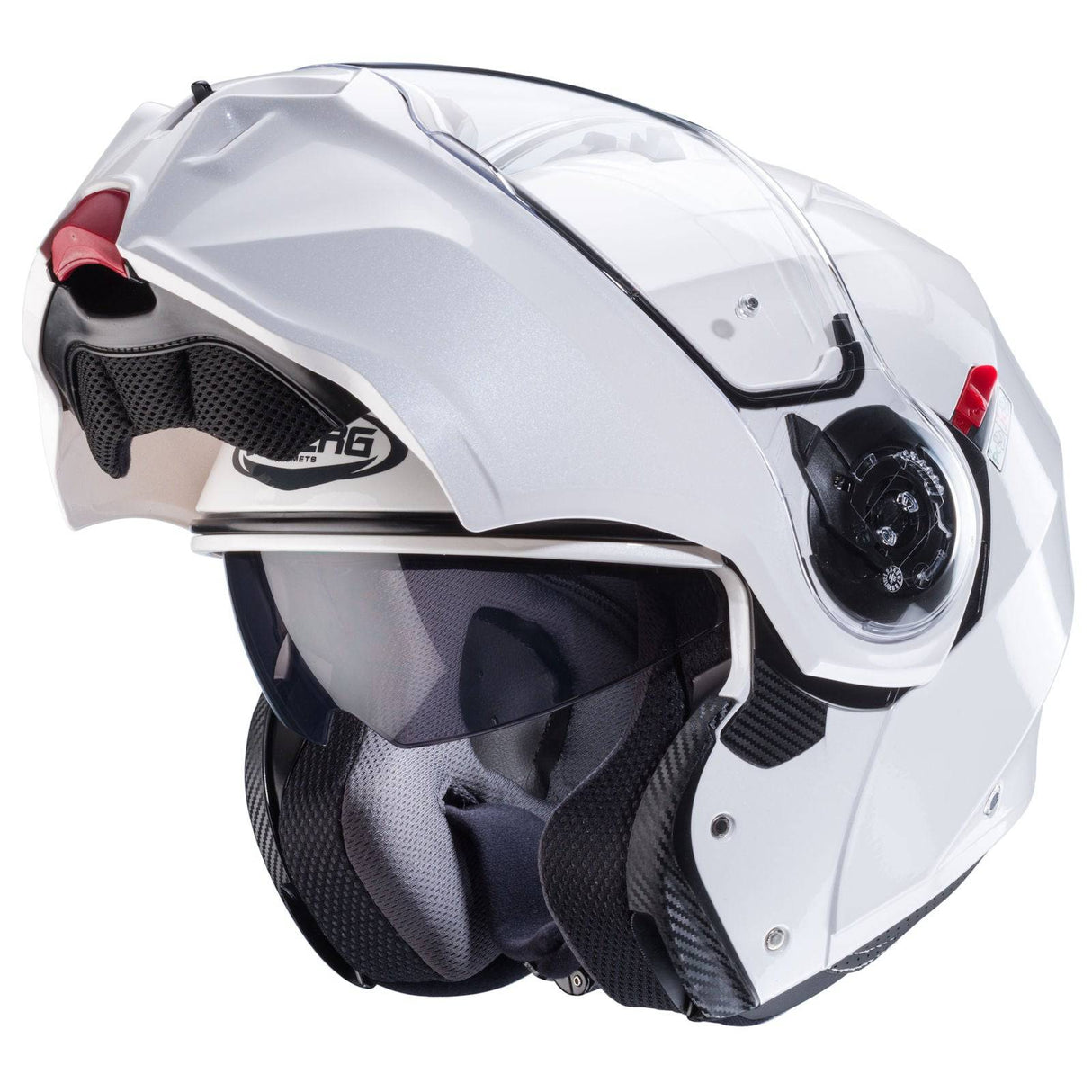 Weißer metallicer Caberg Duke Evo Klapphelm mit klarem Visier und modernem Design, seitlich abgebildet.