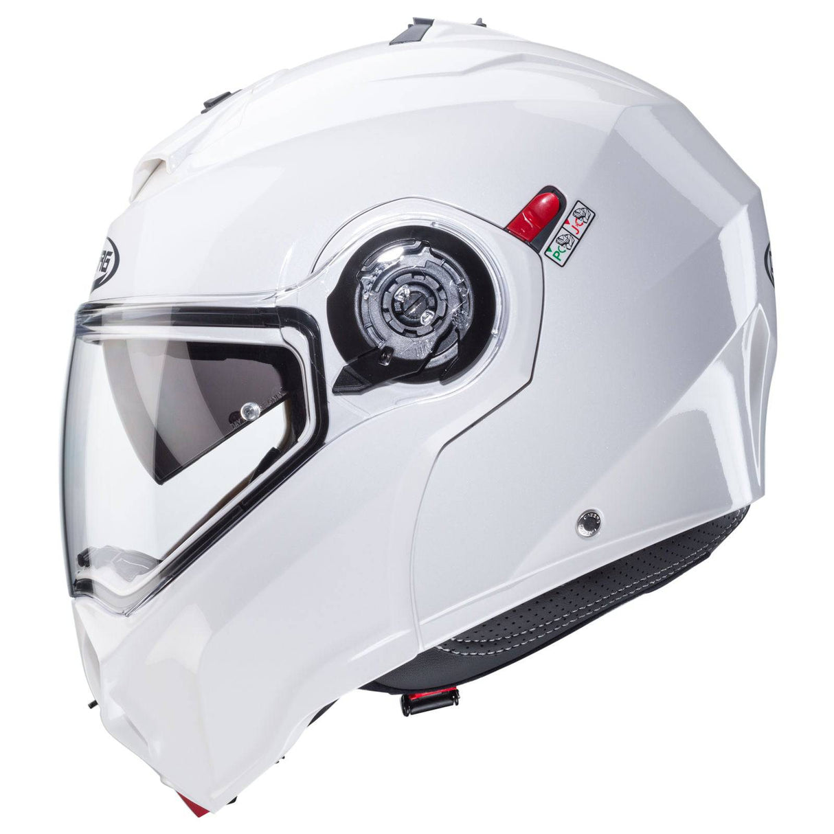 Weißer metallicer Klapphelm Caberg Duke Evo mit Visier und Belüftungsöffnungen, modernes Design und komfortabler Sitz.