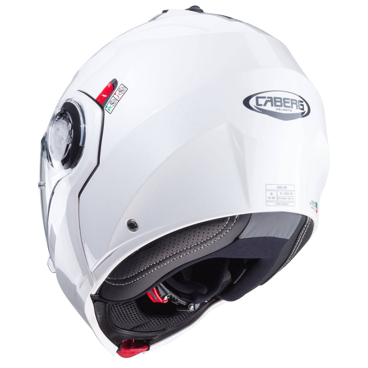Weißer, metallicer Caberg Duke Evo Klapphelm mit aerodynamischem Design und bequemer Innenausstattung.