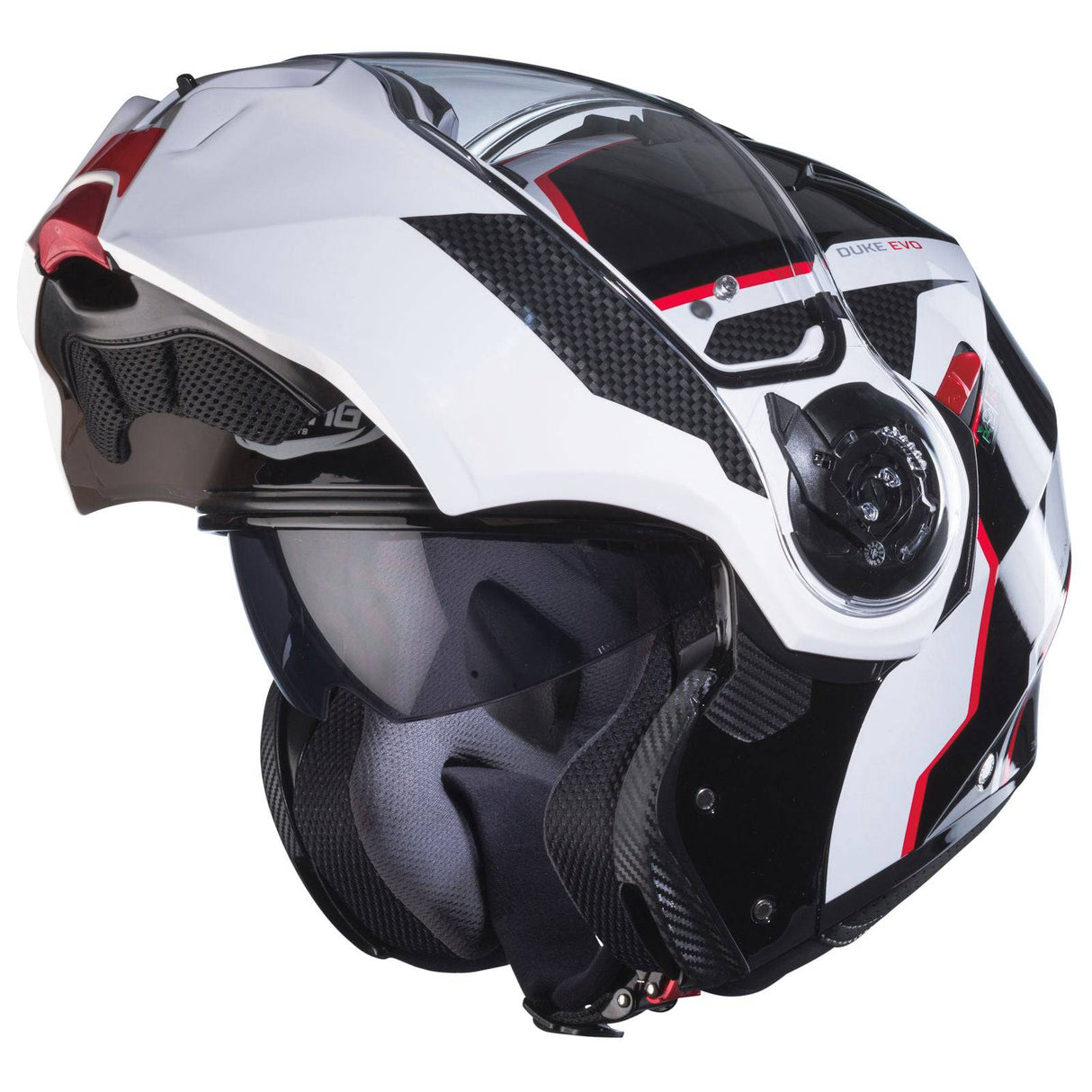 Schwarzer und weiß-roter Caberg Duke Evo Move Klapphelm mit aerodynamischem Design und Visier, auf einem Motorrad getragen.