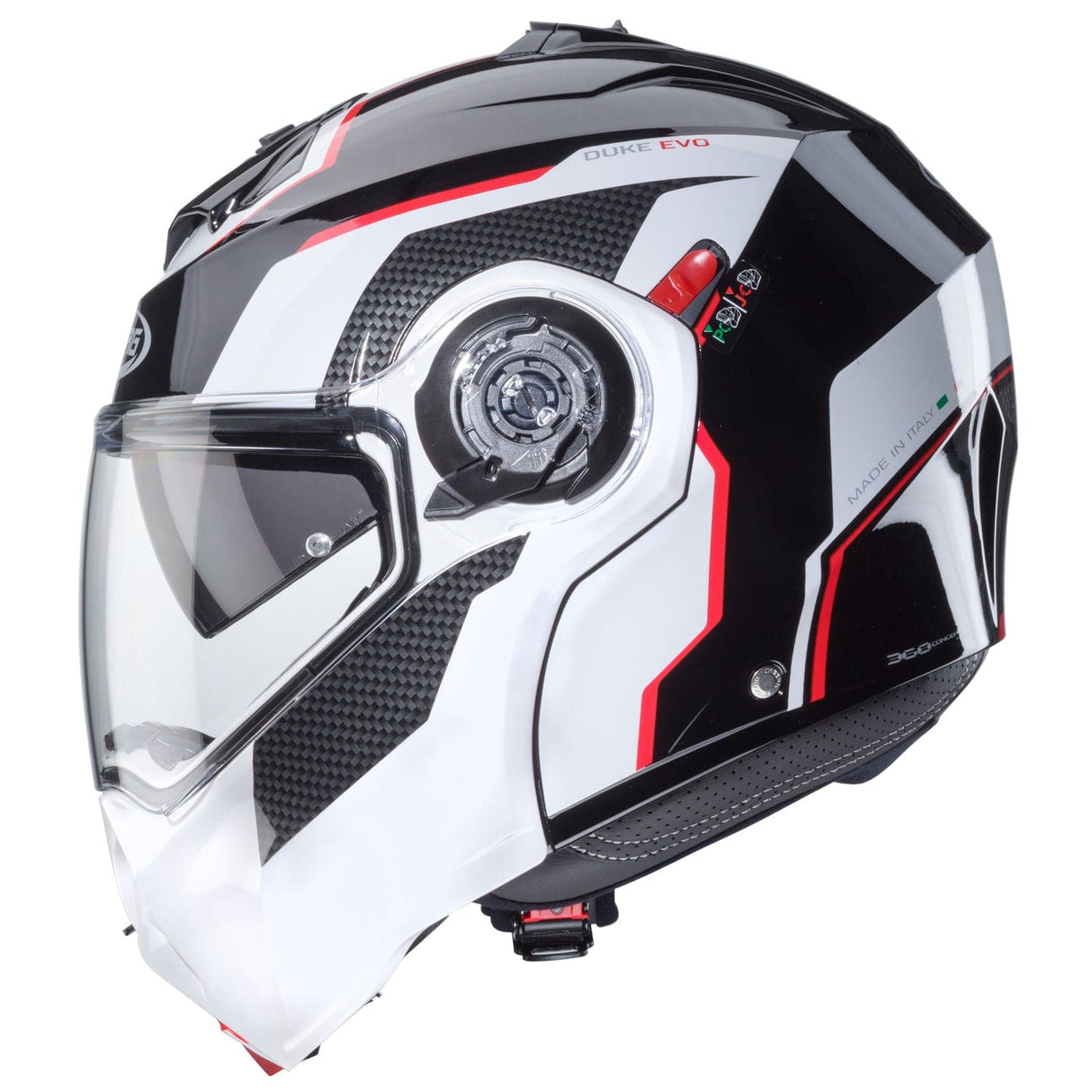 Schwarzer und weiß-roter Caberg Duke Evo Move Klapphelm, aerodynamisches Design, verstellbarer Visier, für Motorradfahrer.